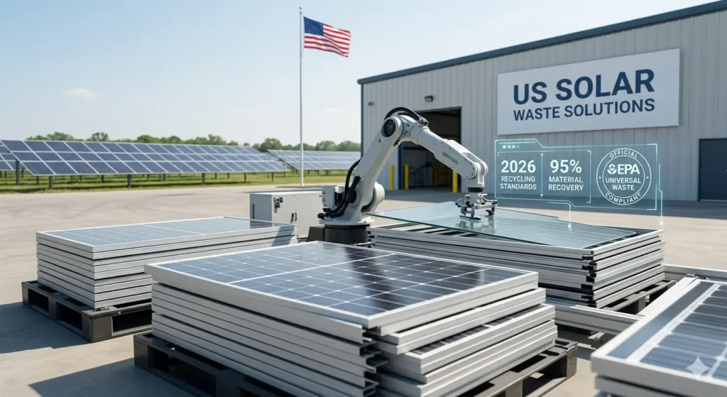 An automated robotic arm processes decommissioned solar panels at a state-of-the-art US solar waste solutions recycling facility in 2026.