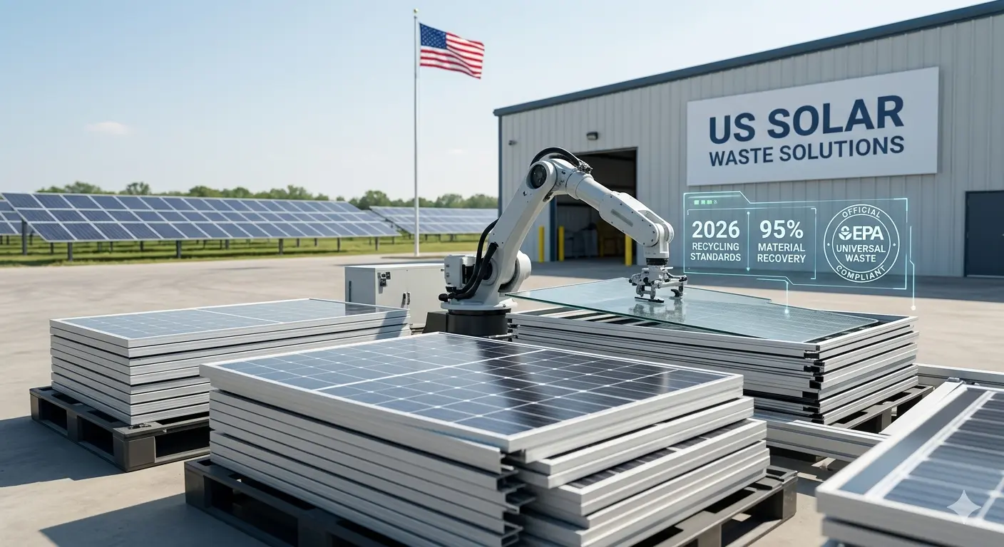 An automated robotic arm processes decommissioned solar panels at a state-of-the-art US solar waste solutions recycling facility in 2026.