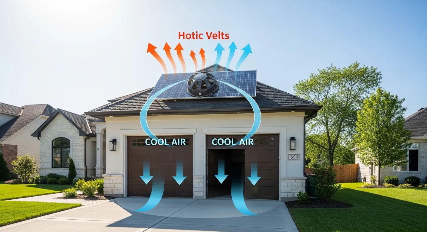 Solar powered attic fans for garage cooling