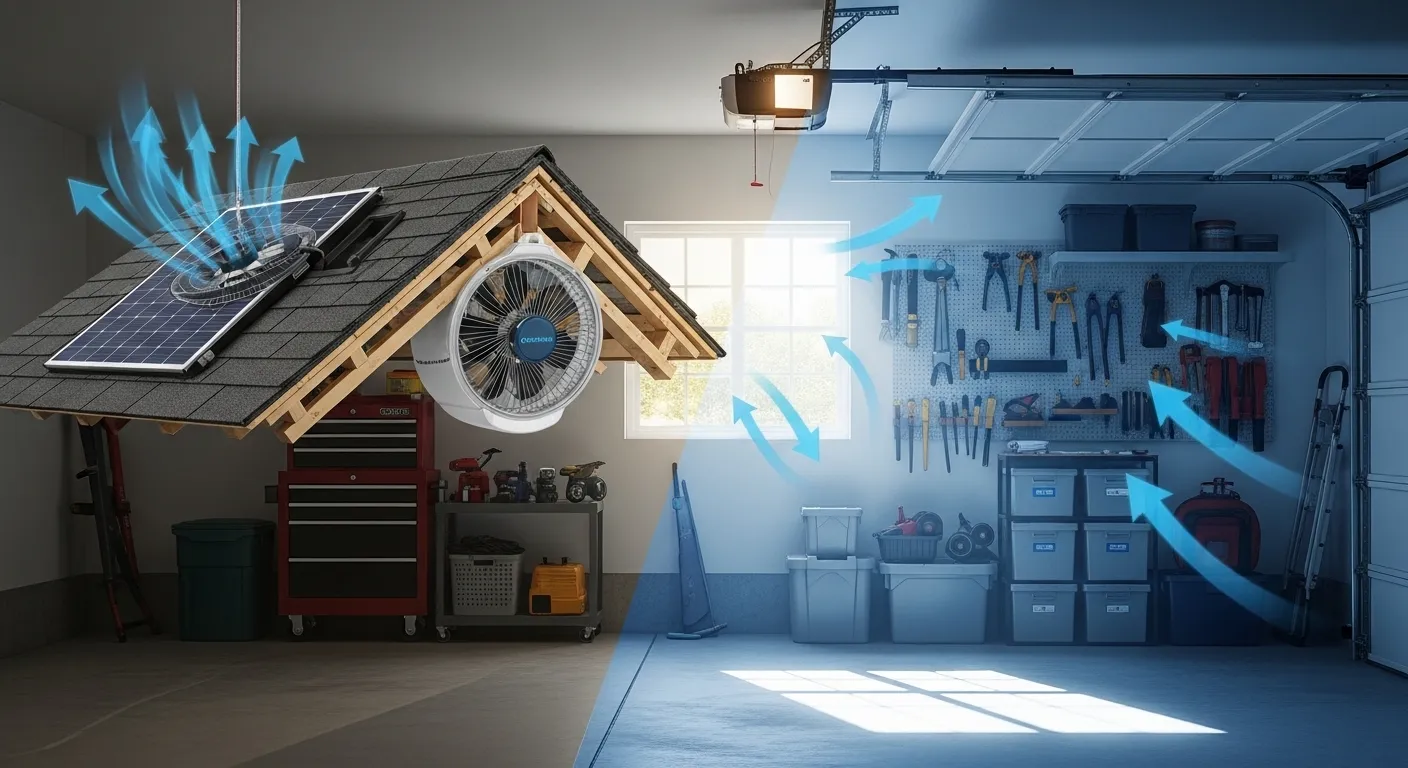 Solar powered attic fans for garage cooling