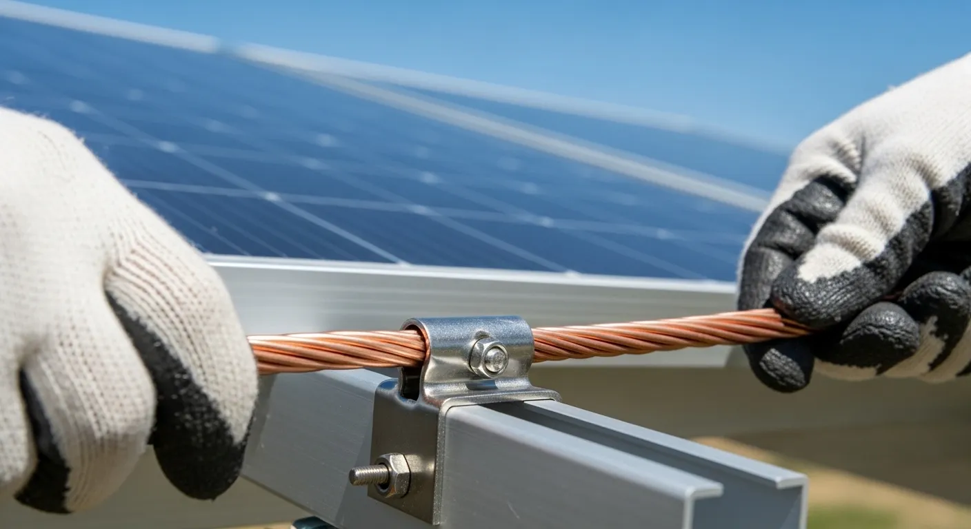 A close-up of an electrician securing a bare copper wire to a solar panel rail, demonstrating how to ground a solar power system safely.