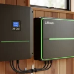 A modern off-grid solar kit featuring a 48V wall-mounted lithium battery and an all-in-one inverter professionally installed inside a tiny house.