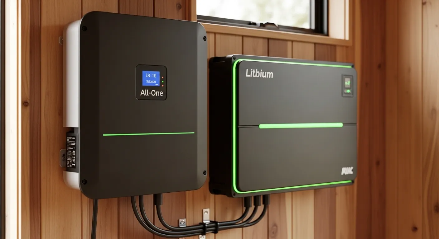 A modern off-grid solar kit featuring a 48V wall-mounted lithium battery and an all-in-one inverter professionally installed inside a tiny house.