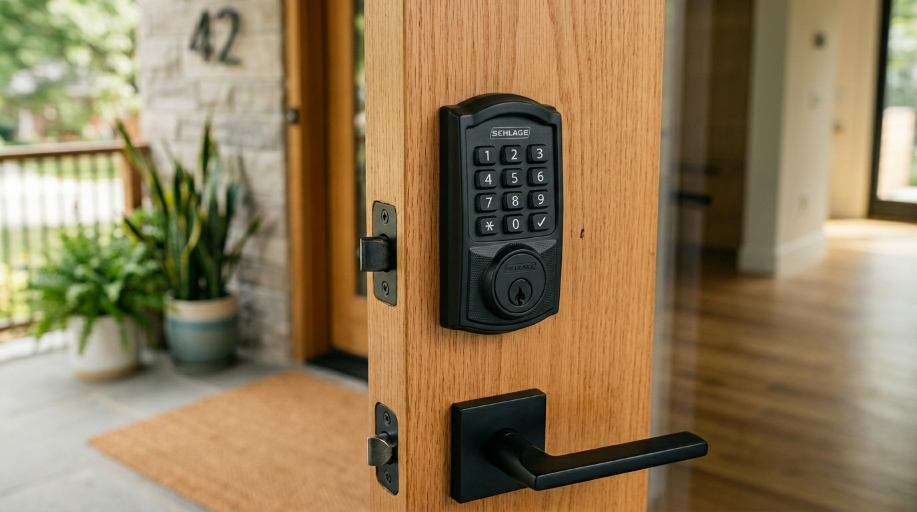 Schlage Encode Plus smart lock installed on a modern wooden front door