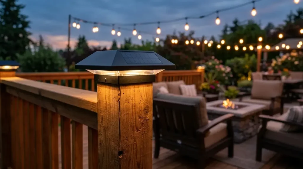 Davinci Flex-Fit solar post cap light installed on a 4x4 cedar deck post casting warm white ambient lighting at dusk.