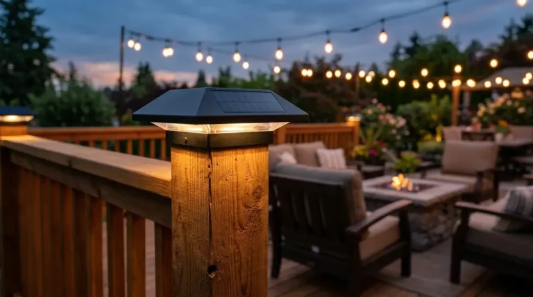 Davinci Flex-Fit solar post cap light installed on a 4x4 cedar deck post casting warm white ambient lighting at dusk.
