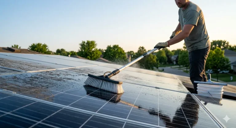 A close-up photograph of a person using a telescopic pole brush and a squeegee to remove grime from rooftop solar panels, showcasing the difference between dirty and clean surfaces in soft morning light.