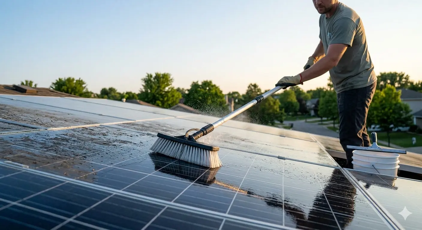 A close-up photograph of a person using a telescopic pole brush and a squeegee to remove grime from rooftop solar panels, showcasing the difference between dirty and clean surfaces in soft morning light.