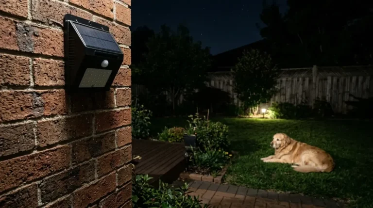 Aootek 360 pet-immune solar motion light mounted on a backyard wall, ignoring a golden retriever dog on the grass