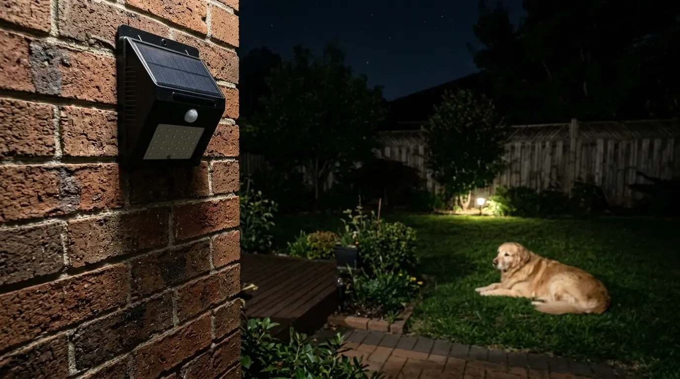 Aootek 360 pet-immune solar motion light mounted on a backyard wall, ignoring a golden retriever dog on the grass