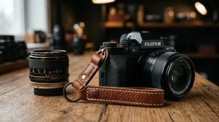 Photographer wearing a quick release cross body camera sling strap in an urban setting.