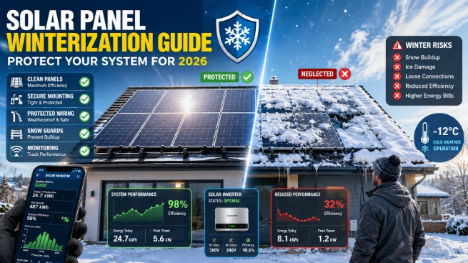 Solar panel winterization guide showing protected solar panels during winter with snow management and maintenance tips for 2026.