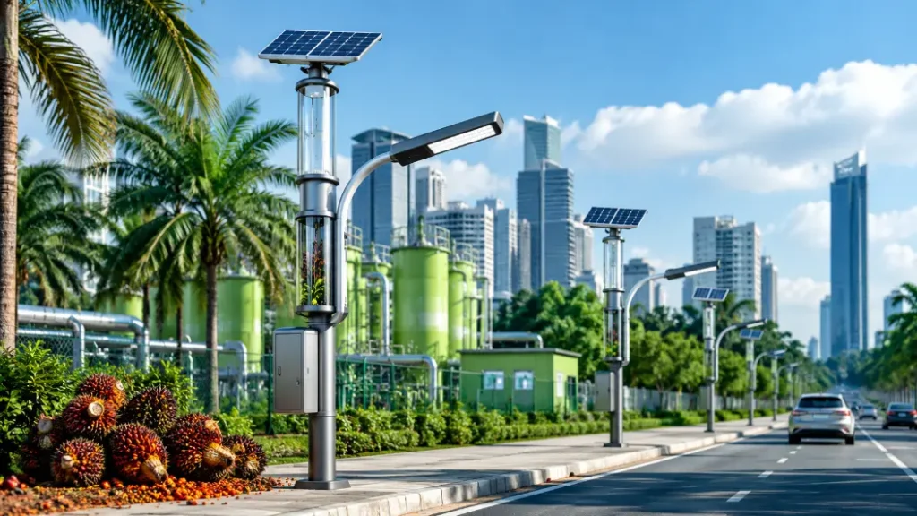 Self-cleaning streetlight powered by oil palm waste renewable energy in a sustainable smart city.