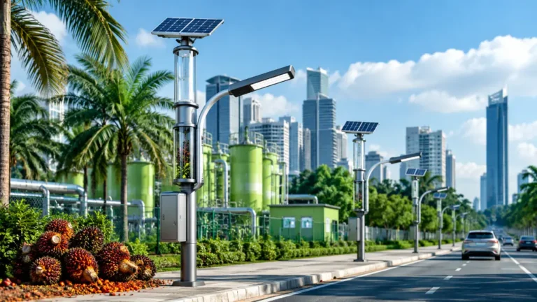Self-cleaning streetlight powered by oil palm waste renewable energy in a sustainable smart city.