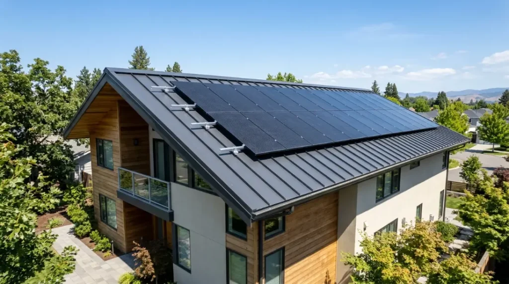 Solar panel mounting system engineered for a standing seam metal roof without punctures.