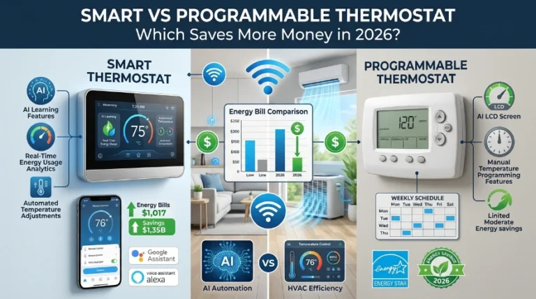 Comparison between smart thermostat and programmable thermostat showing energy savings, automation features, and cost differences in 2026.