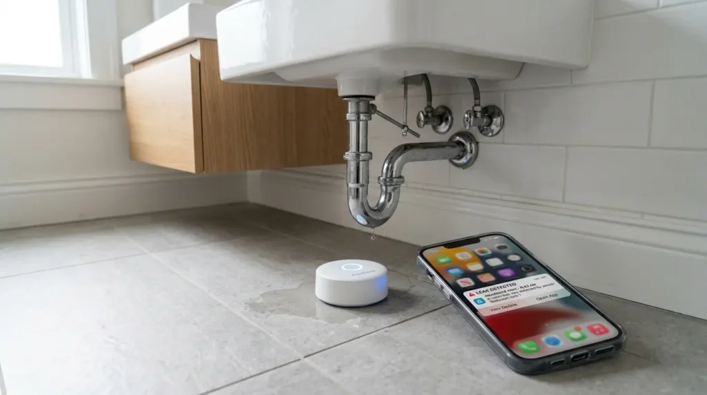 Smart water leak sensor placed under a sink sending a phone alert